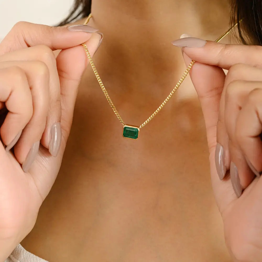 Bezel Setting Emerald Cuban Chain Single Stone Pendant Necklace Solid K14 Yellow Gold