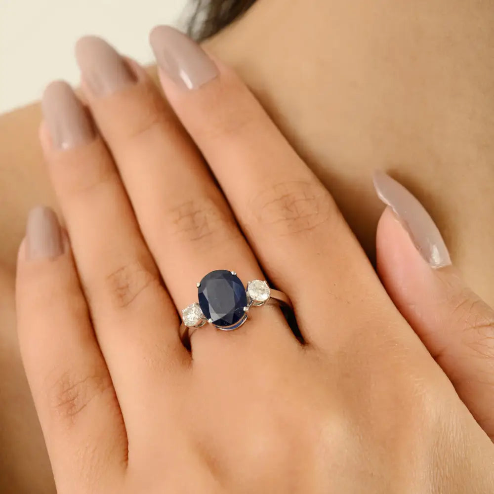 Pure 14K White Gold Blue Sapphire & Diamond Prong Setting Three Stone Ring Wedding Jewelry