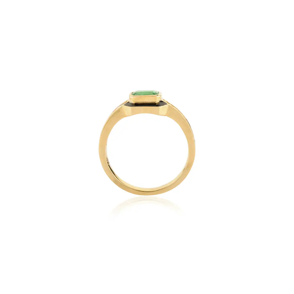 18K Yellow Gold Emerald & Diamond Statement Enamel Ring Precious Gemstone Jewelry