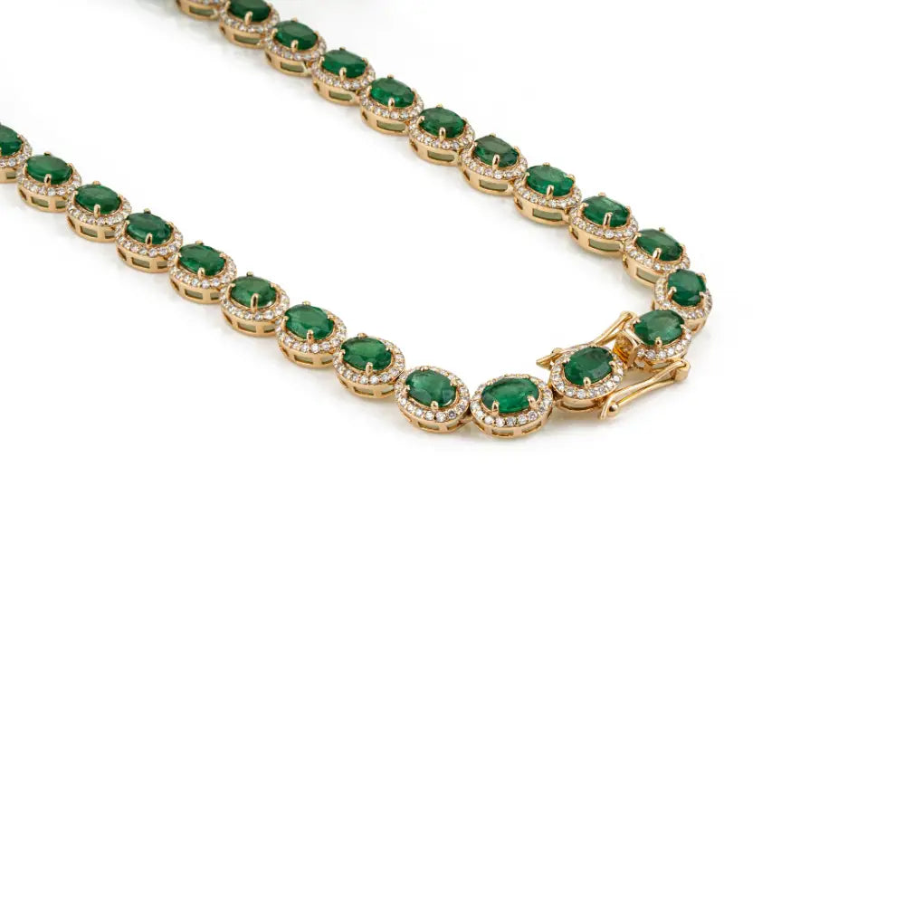 Luxurious 22.13 Ct. Emerald & Diamond Halo Tennis Necklace K18 Yellow Gold Wedding Jewelry