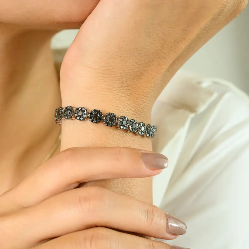 Natural Black Diamond Flower Design Tennis Bracelet 14K White Gold Sparkle Jewelry