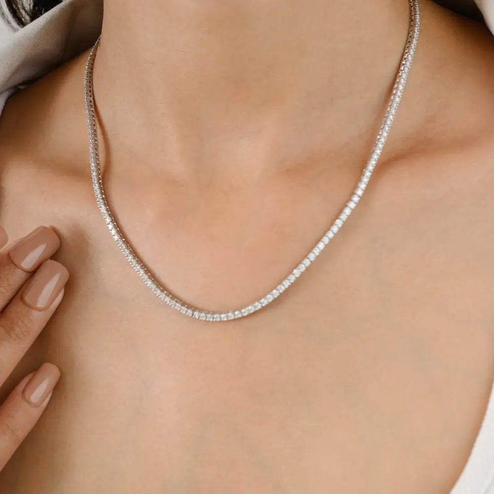 Round Brilliant Cut Diamond Handmade Tennis Necklace Solid 14K White Gold Pave Setting