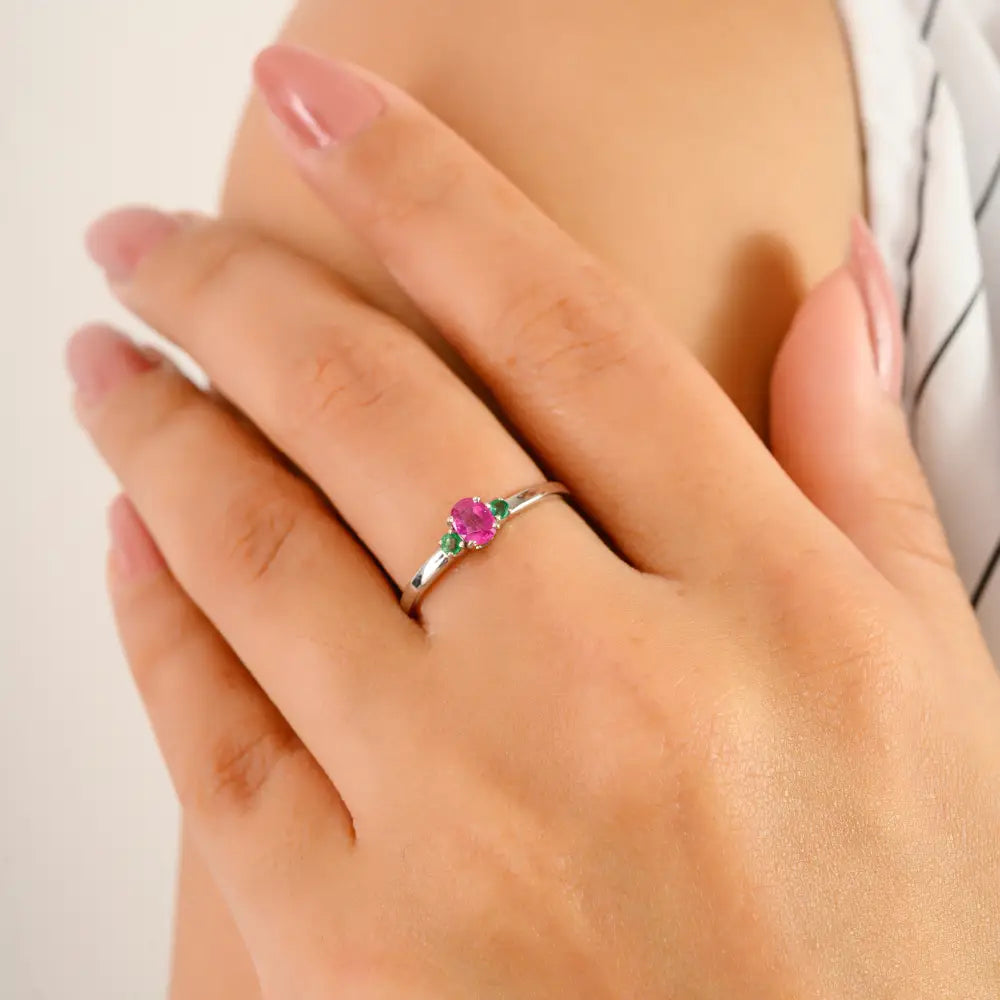 Dainty Minimalist Emerald & Ruby Real K14 White Gold Three Stone Ring Everyday Jewelry