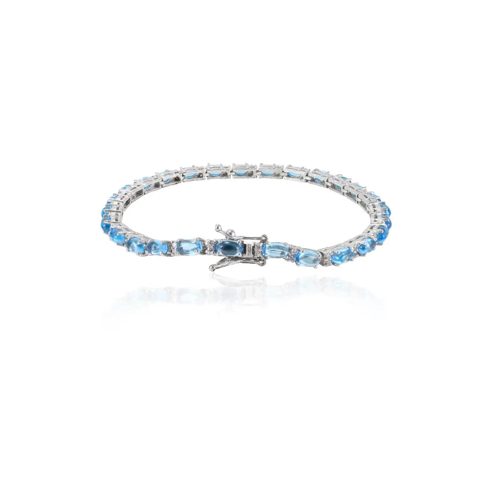 Oval Shape Blue Topaz & Round Cut American Diamond Stackable Tennis Bracelet Set In Solid 925 Silver