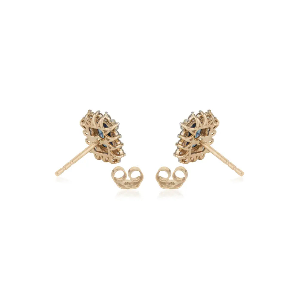 14K Real Yellow Gold Blue Sapphire & Diamond K14 Yellow Gold Cluster Stud Earrings For Women