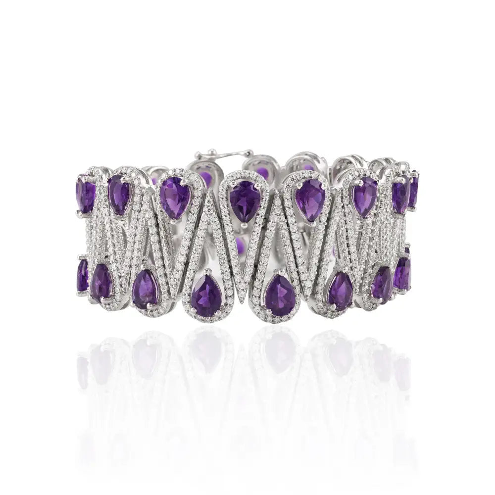 Genuine Amethyst & American Diamond Sterling Silver Bold Wedding Bracelet Febuary Birthstone Jewelry