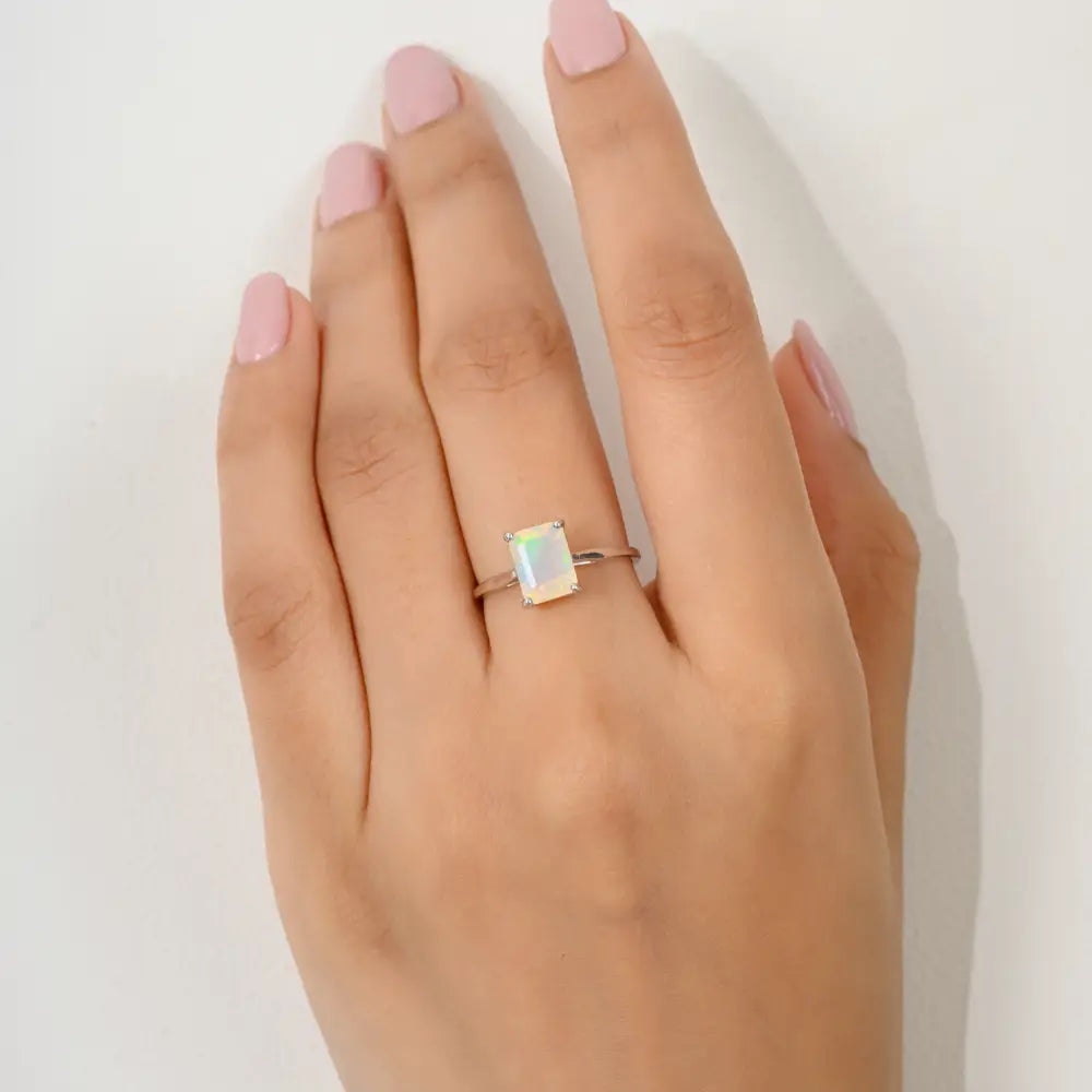 Solid 14K White Gold Octagon Cut Opal Single Stone Ring For Unisex October Birthstone