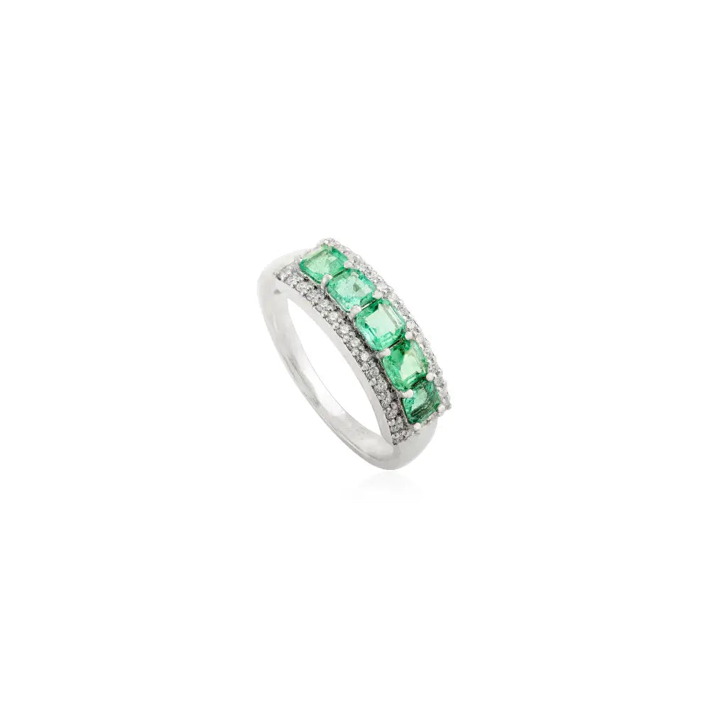 Natural Emerald & Diamond Five Stone Ring In 14K Solid White Gold Engagement Jewelry