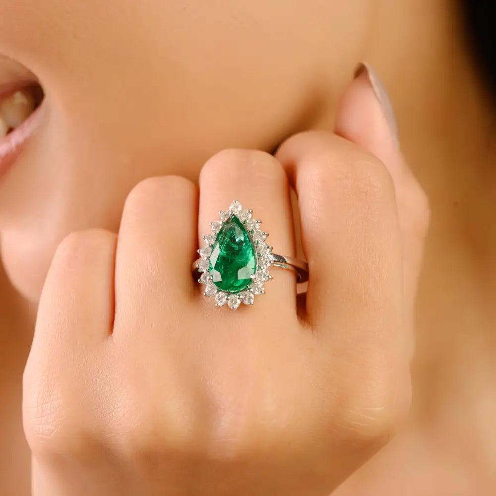 14x8 mm Pear Cut Emerald & Diamond 14K Solid White Gold Cluster Statement Ring Wedding