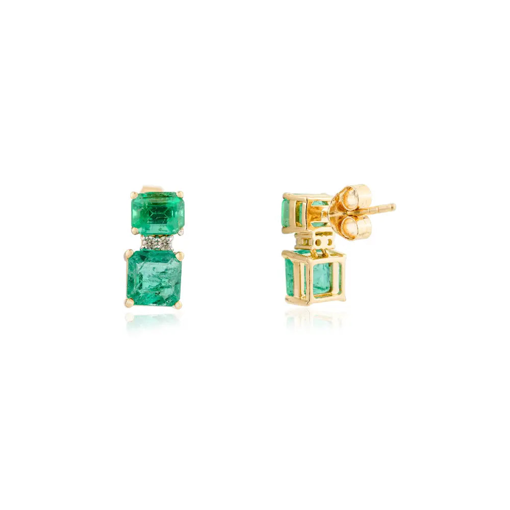 Real 18K Yellow Gold Emerald & Diamond Two Stone Stud Earrings For Women Daily Wear
