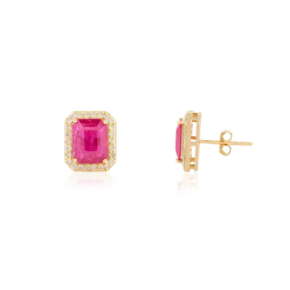 Handmade Octagon Cut Ruby & Diamond Stud Earrings in 18k Yellow Gold