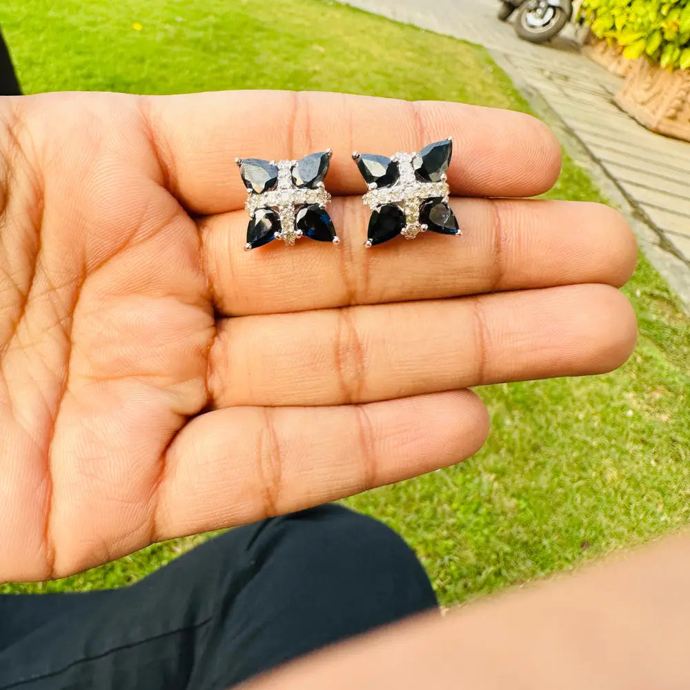 High Grade Jewelry 925 Sterling Silver Real Blue Sapphire & American Diamond Statement Stud Earrings For Wedding