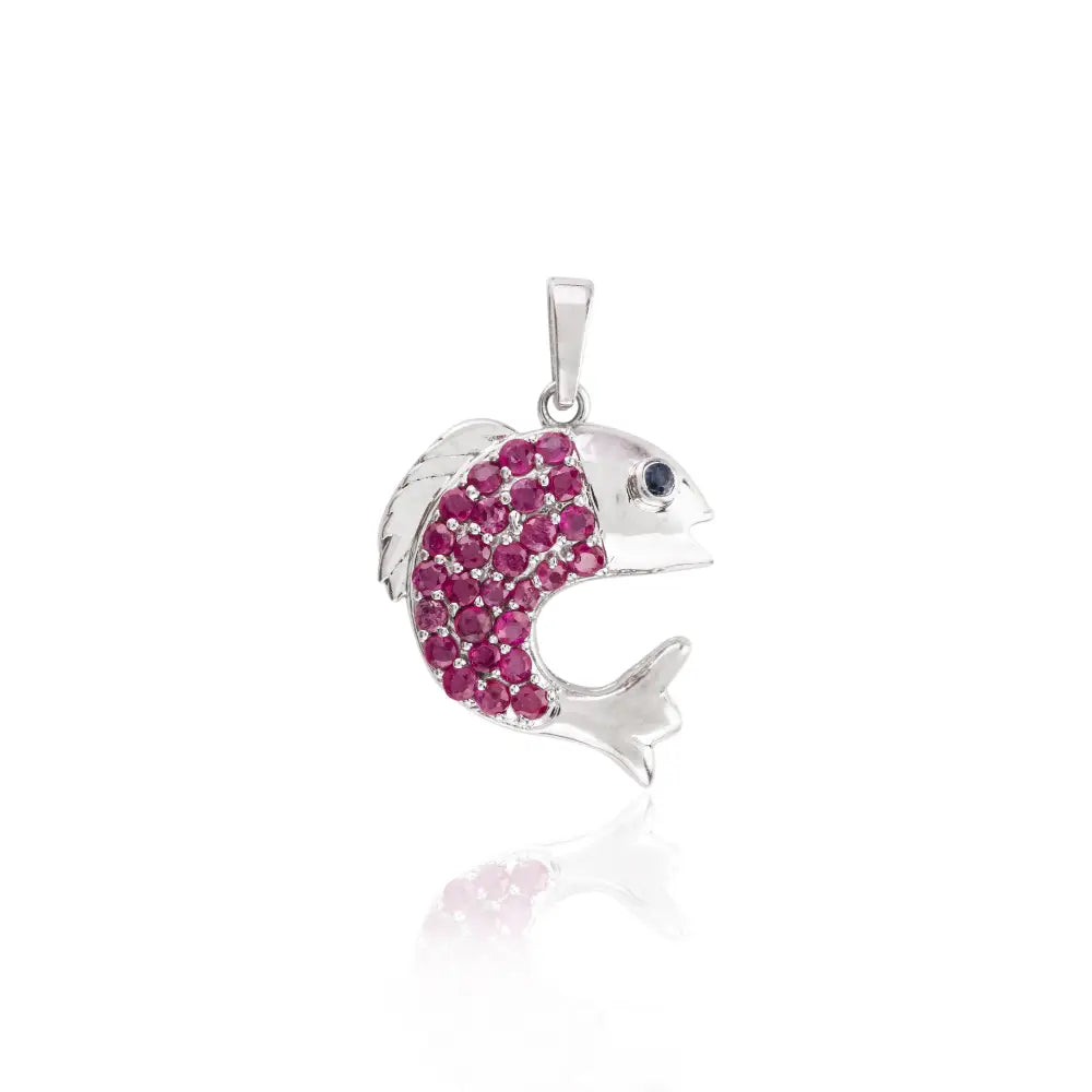 Luxury & Classic Ruby & Blue Sapphire 925 Solid Silver Dolphin Shape Pendant Necklace