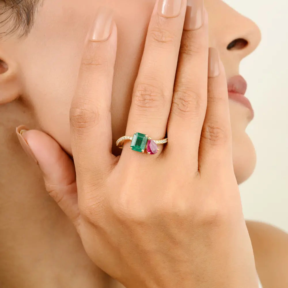 Emerald Ruby & Diamond Solid 14K Yellow Gold Toi et Moi Ring For Wedding Birthstone Jewelry