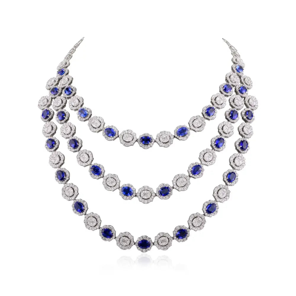 Blue Kyanite & Diamond Triple Layer Necklace Solid White Gold Bridal Engagement Jewelry
