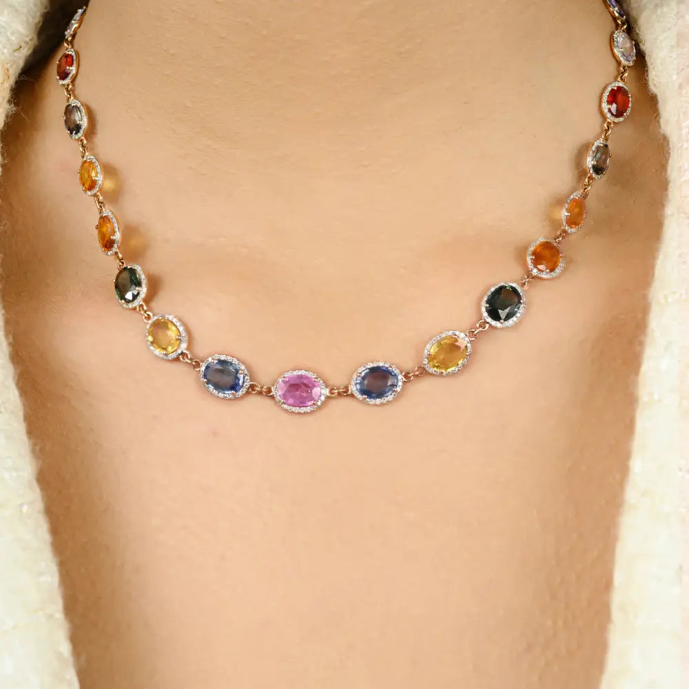 Multi Sapphire & Diamond Halo Station Chain Necklace 18K Rose Gold Women's Jewelry