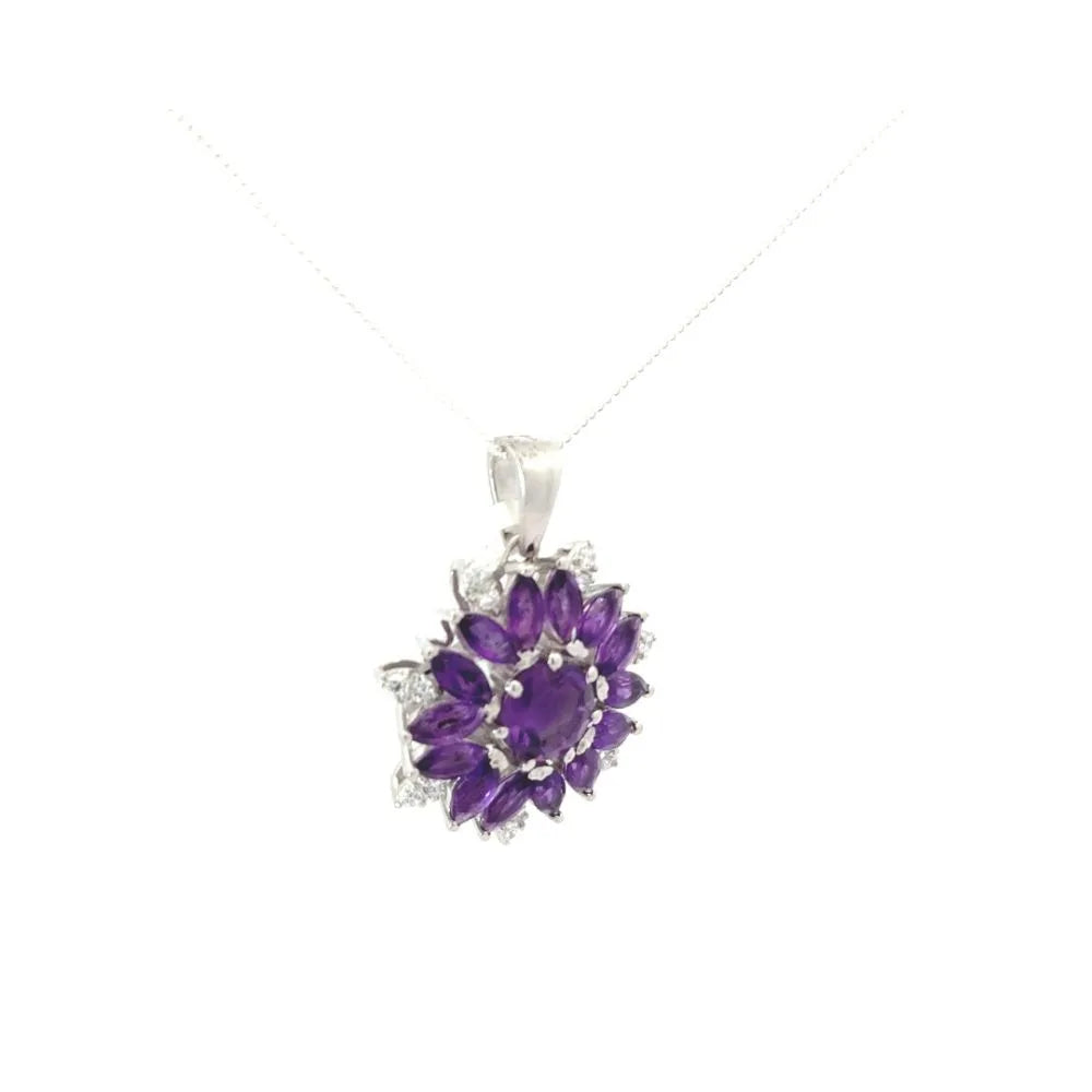 100% Natural Amethyst & Round Cut American Diamond Flower Pendant Fine Jewelry