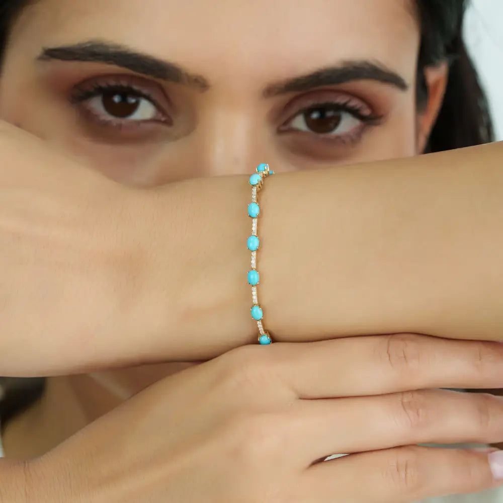 Elegant Turquoise & Diamond Sleek Tennis Bracelet Stackable 14K Yellow Gold Jewelry