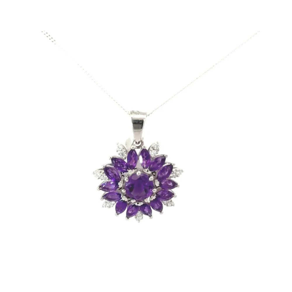 100% Natural Amethyst & Round Cut American Diamond Flower Pendant Fine Jewelry