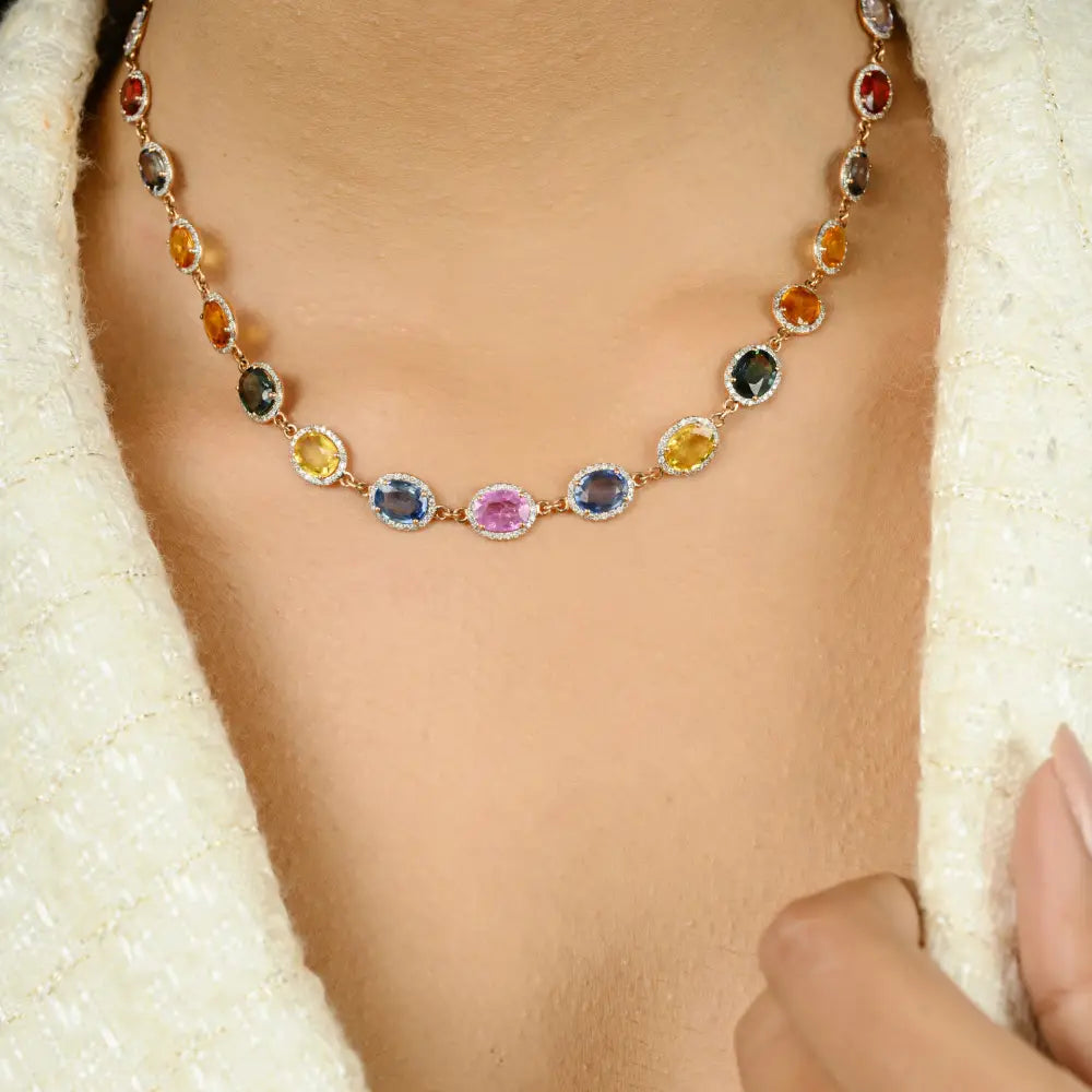 Multi Sapphire & Diamond Halo Station Chain Necklace 18K Rose Gold Women's Jewelry