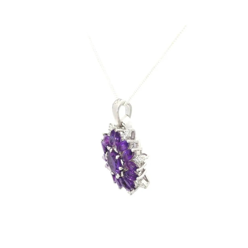 100% Natural Amethyst & Round Cut American Diamond Flower Pendant Fine Jewelry