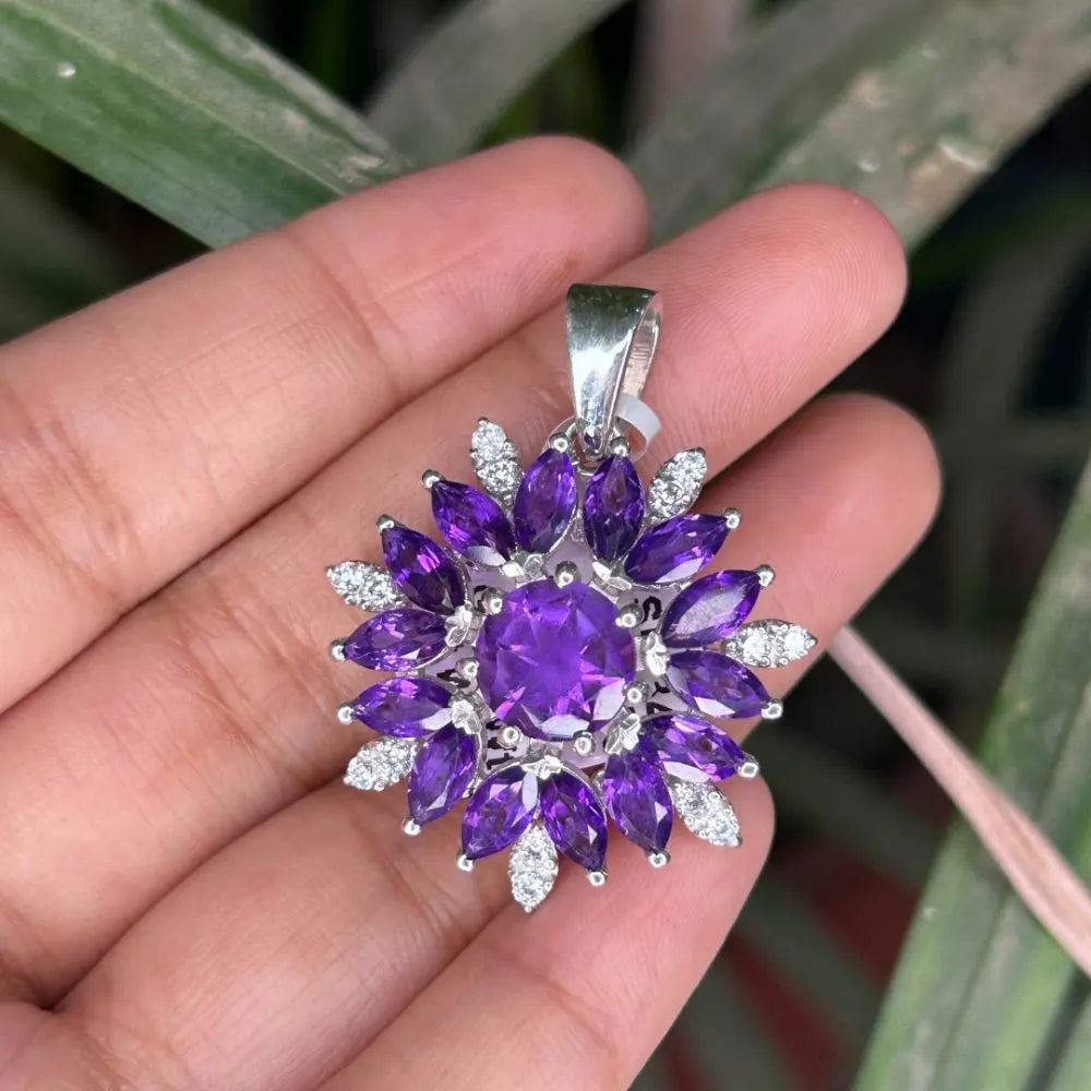 100% Natural Amethyst & Round Cut American Diamond Flower Pendant Fine Jewelry