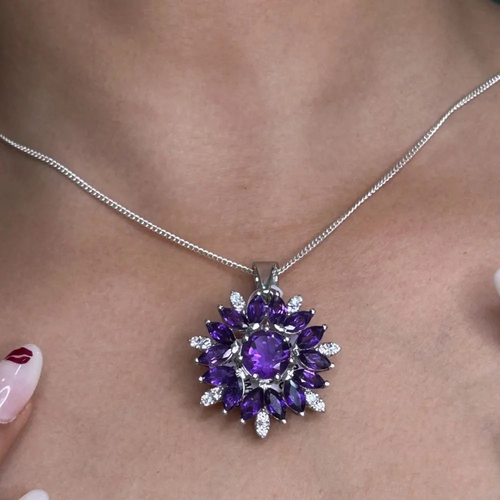 100% Natural Amethyst & Round Cut American Diamond Flower Pendant Fine Jewelry