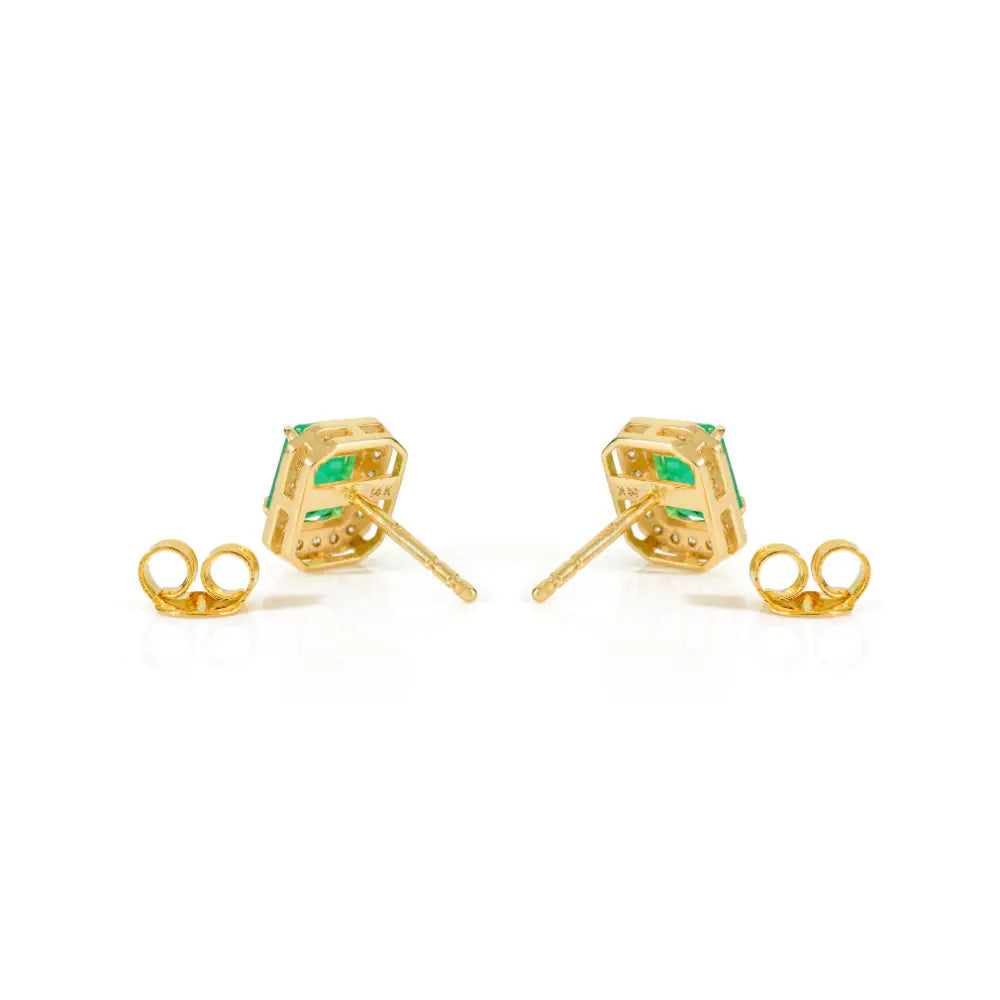 K14 Yellow Gold Octagon Shape Emerald & Diamond Push Back Halo Stud Earrings Women