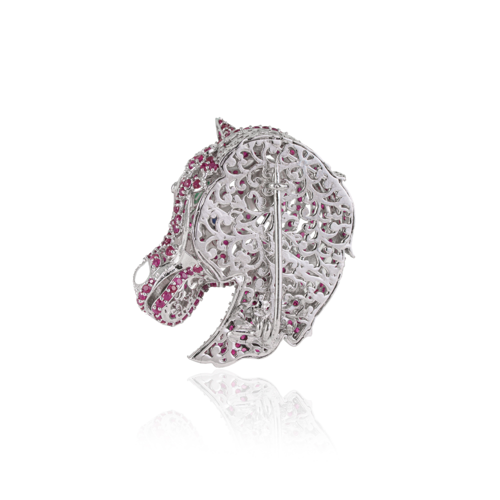 Unique Creative Design 925 Sterling Silver Natural Ruby Gemstone Horse Brooch Fine Jewelry