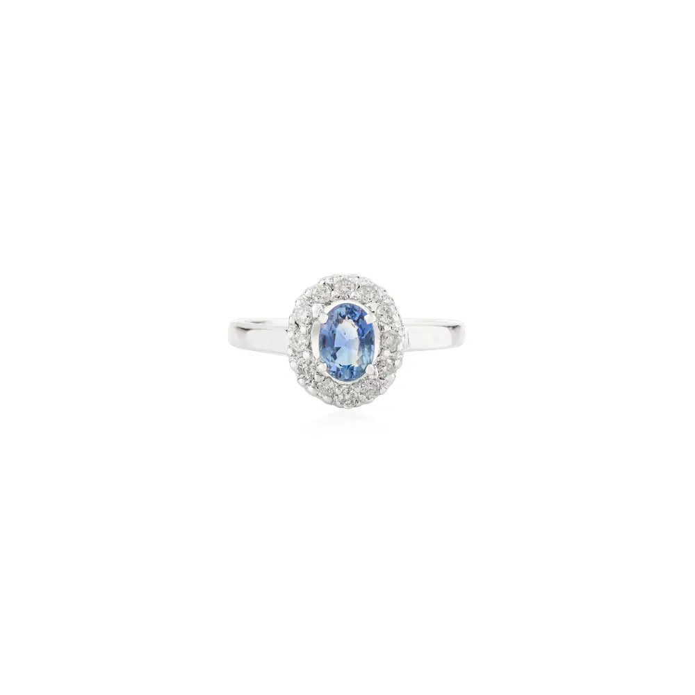 Explore Blue Sapphire & Diamond 14K Solid White Gold Halo Ring Handmade Fine Jewelry