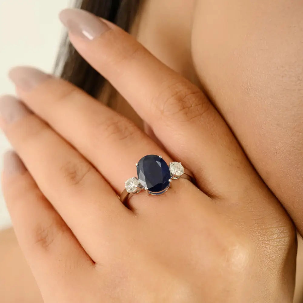 Pure 14K White Gold Blue Sapphire & Diamond Prong Setting Three Stone Ring Wedding Jewelry