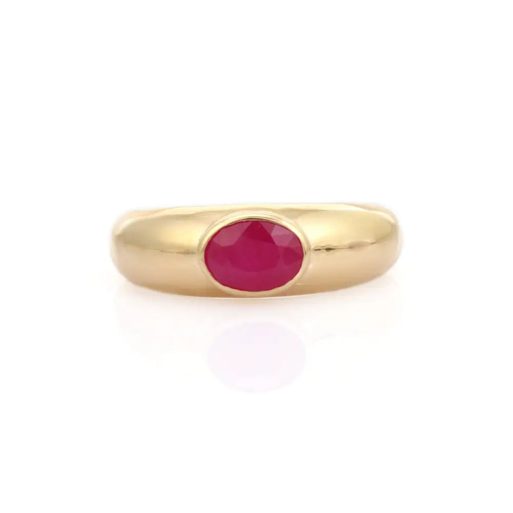 100% Authentic Ruby Handmade Dome Signet Ring For Women Pure K14 Yellow Gold Jewelry