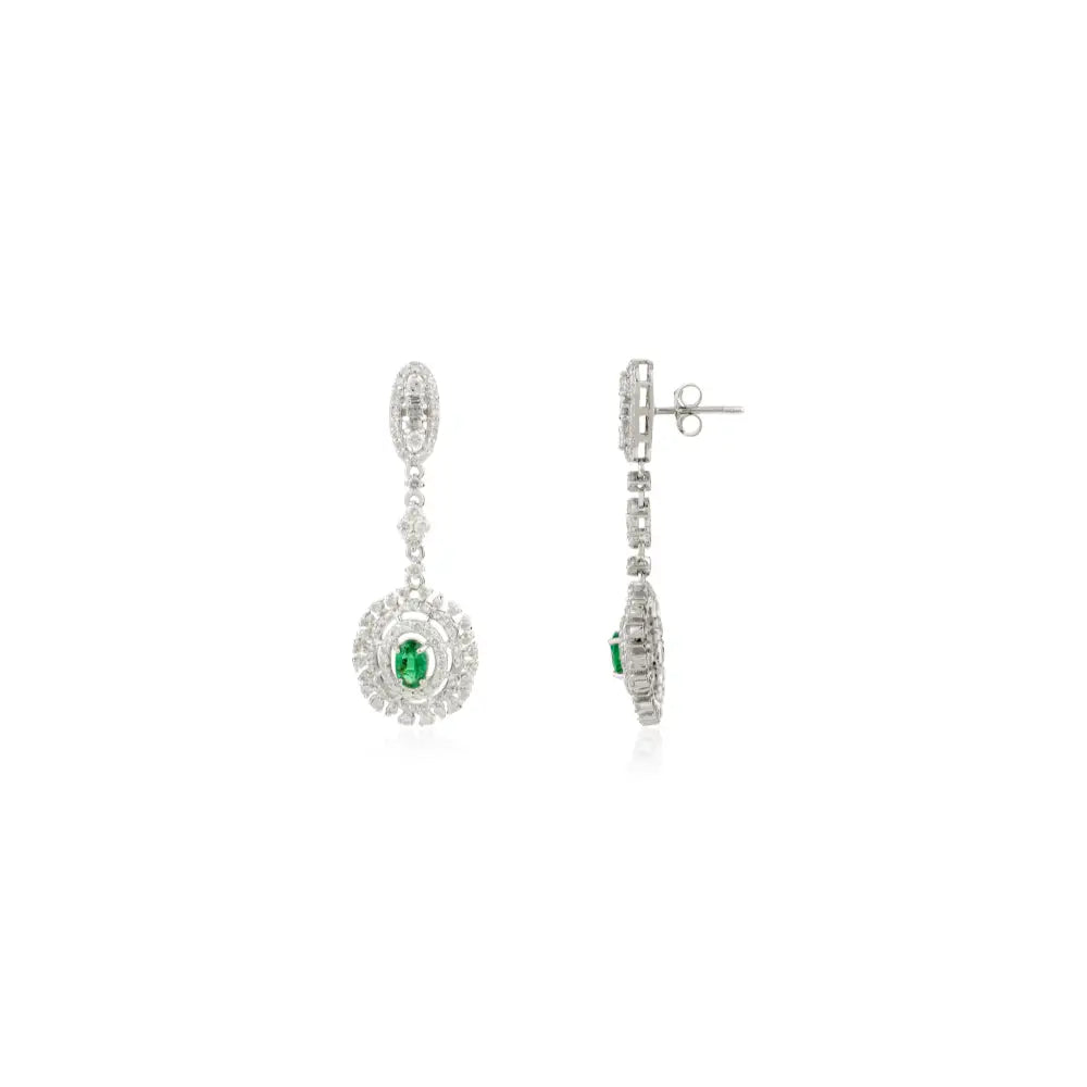 Bold Bridal Jewelry 14K White Gold Emerald & Diamond Handmade Dangle Earrings For Women