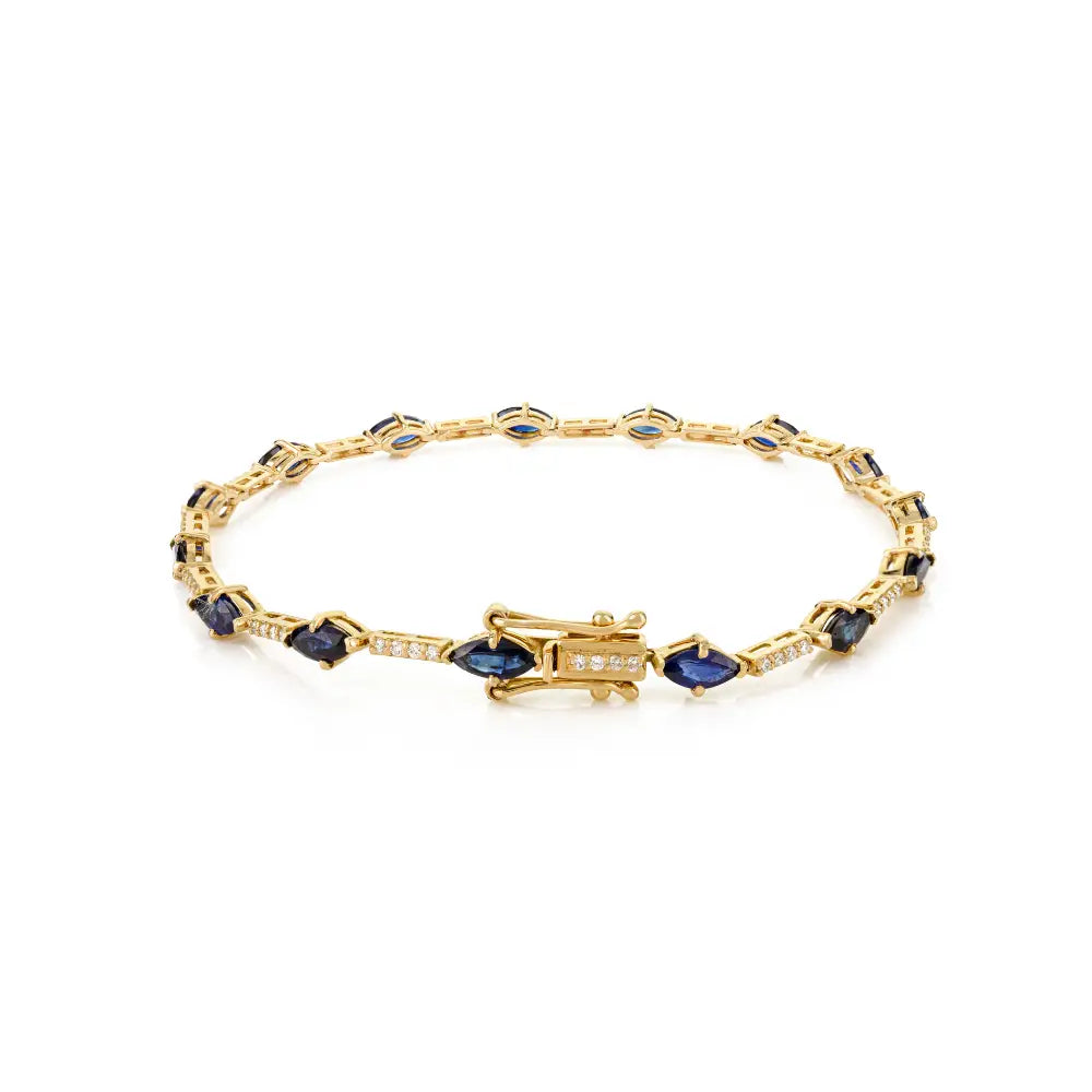 Elegant Design Marquise Blue Sapphire & Diamond Stack Tennis Bracelet Unisex 14K Gold