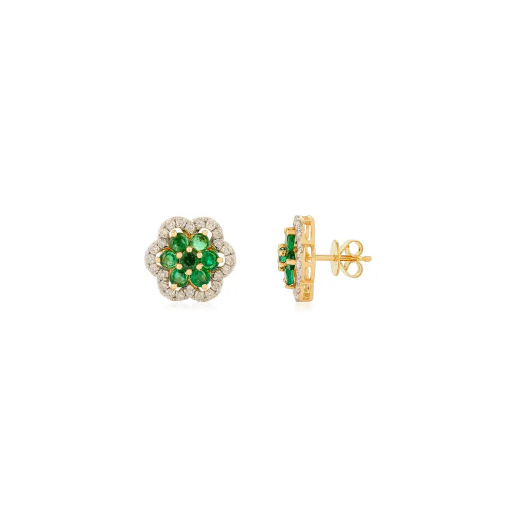 Round Cut Emerald & Diamond Flower Statement Stud Earrings Unique Design 18K Yellow Gold