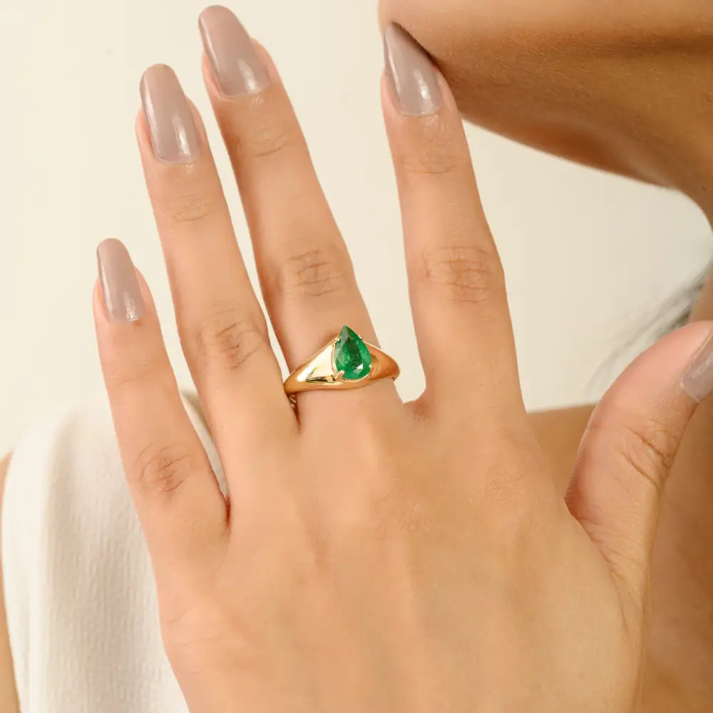Pure K14 Yellow Gold New Trendy Zambian Emerald Dome Signet Ring Handmade Jewelry