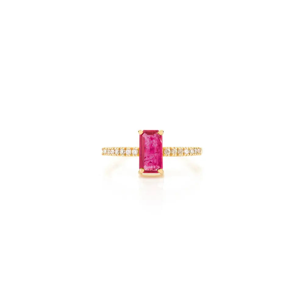 100% Genuine Prong Setting Ruby & Diamond Gemstone Ring Trending 14K Yellow Gold Jewelry