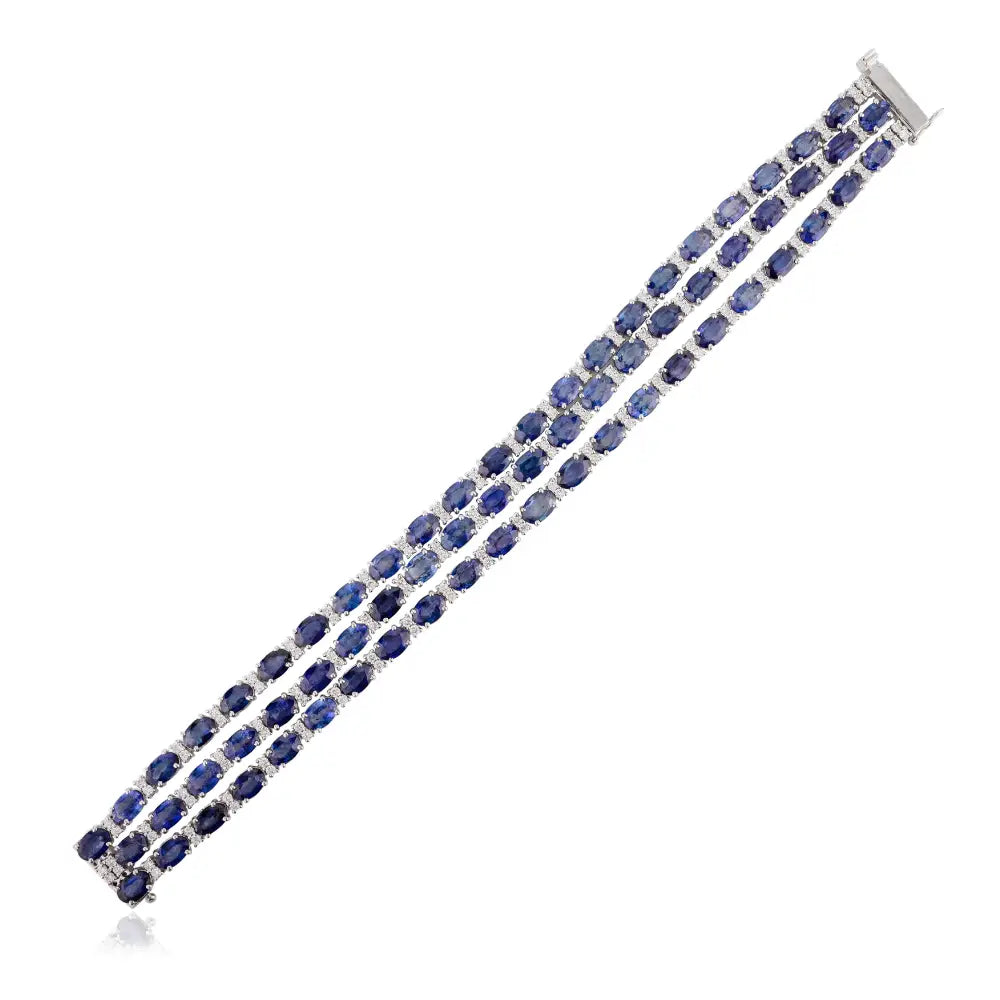 Real 14k White Gold Natural Blue Sapphire & Diamond Triple Line Wedding Bracelet
