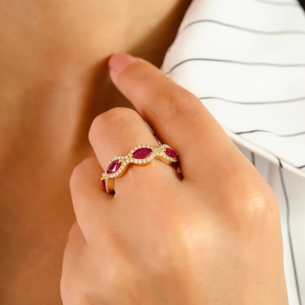 Best Selling Ruby & Diamond Half Eternity Band Ring Real K14 Yellow Gold Unique Jewelry