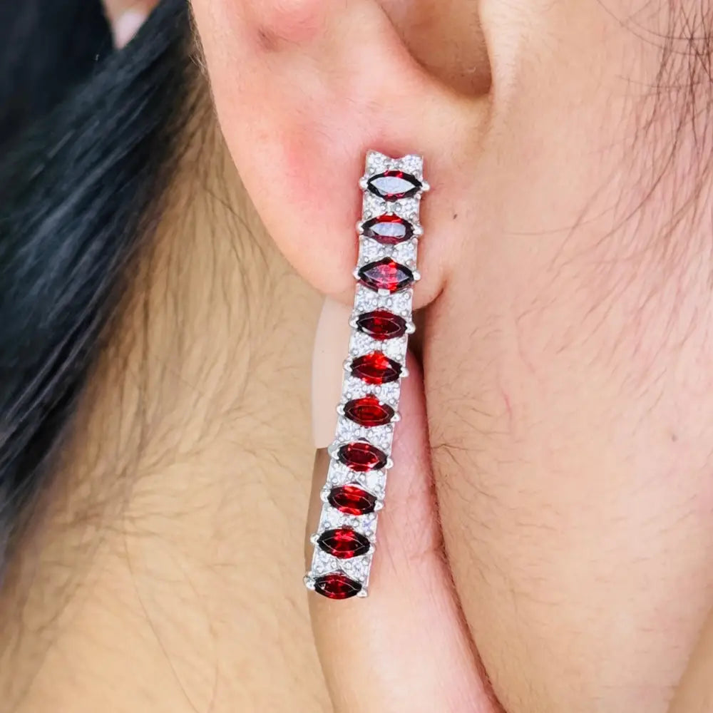 Anniversary Gift 925 Sterling Silver Garnet & American Diamond Straight Dangle Earrings