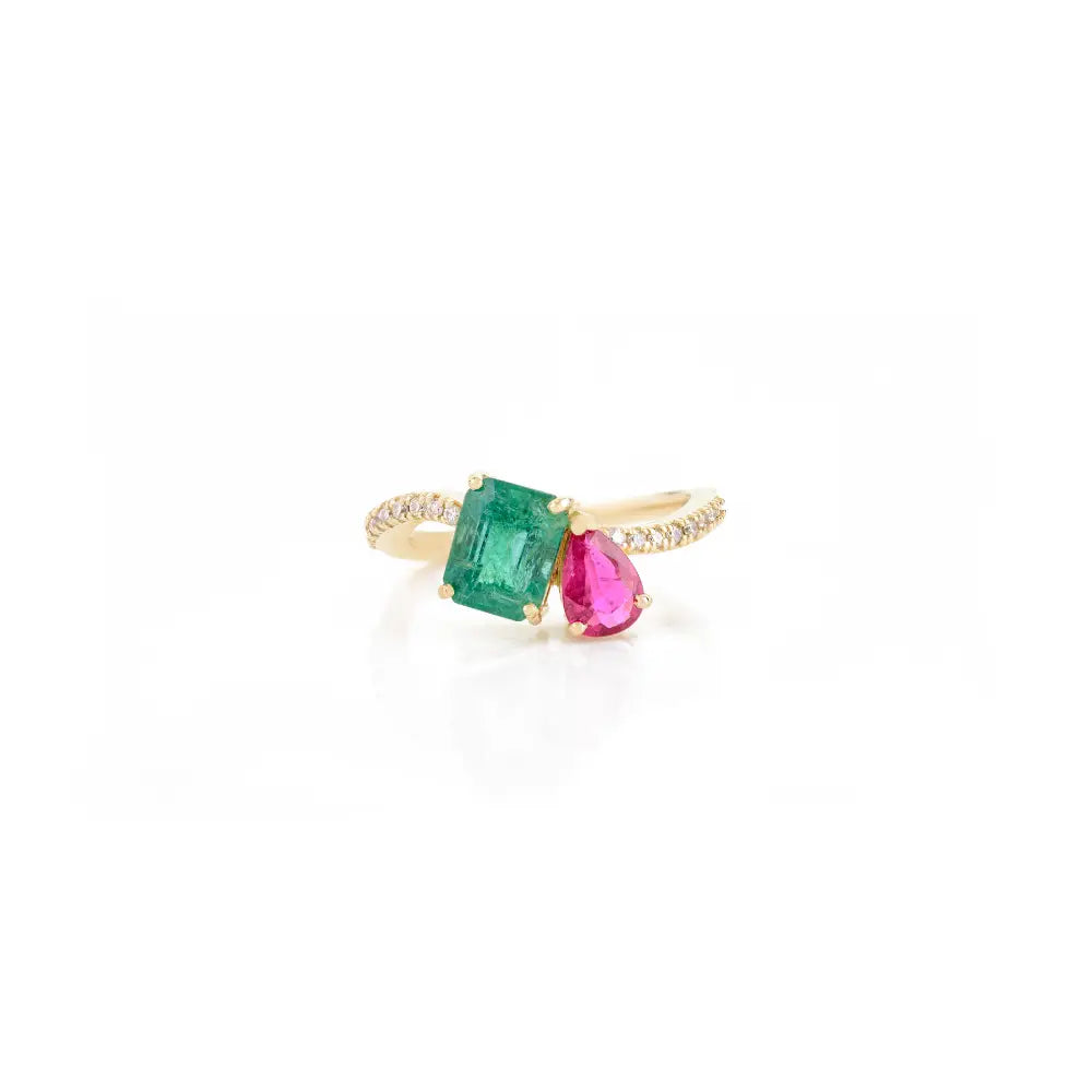 Emerald Ruby & Diamond Solid 14K Yellow Gold Toi et Moi Ring For Wedding Birthstone Jewelry