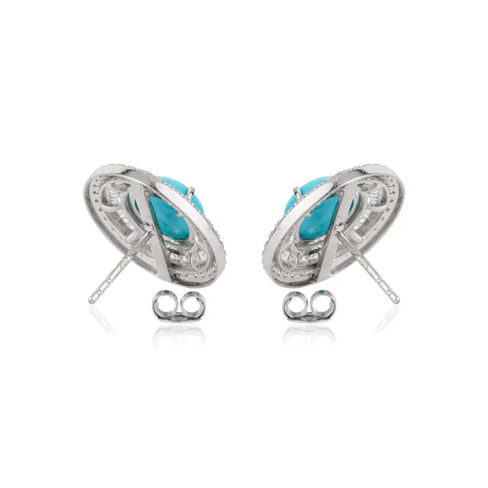 Trending Products 14K White Gold Turquoise & Diamond Round Shape Double Halo Stud Earrings