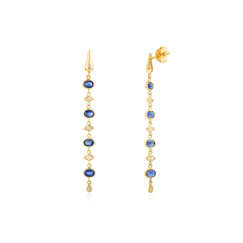 Women Wedding Jewelry Blue Sapphire & Diamond Long Dangle Earrings 18K Yellow Gold