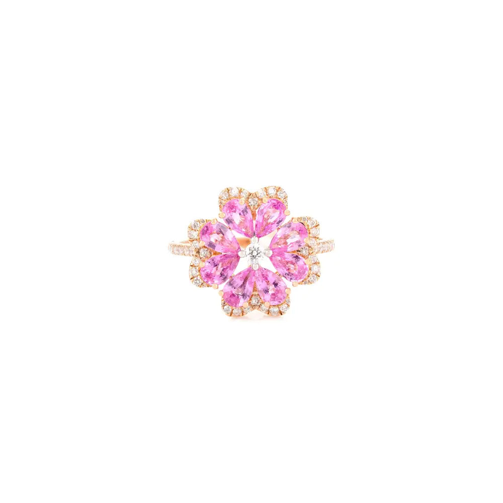 Vibrant Pink Sapphire & Diamond Flower Cocktail Ring K18 Rose Gold Trending Jewelry
