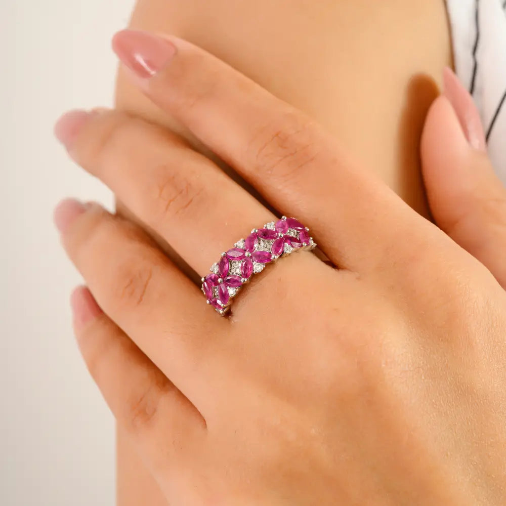 Unique Design Genuine Ruby & Diamond Floral Wide Band Ring Solid 14K White Gold Jewelry
