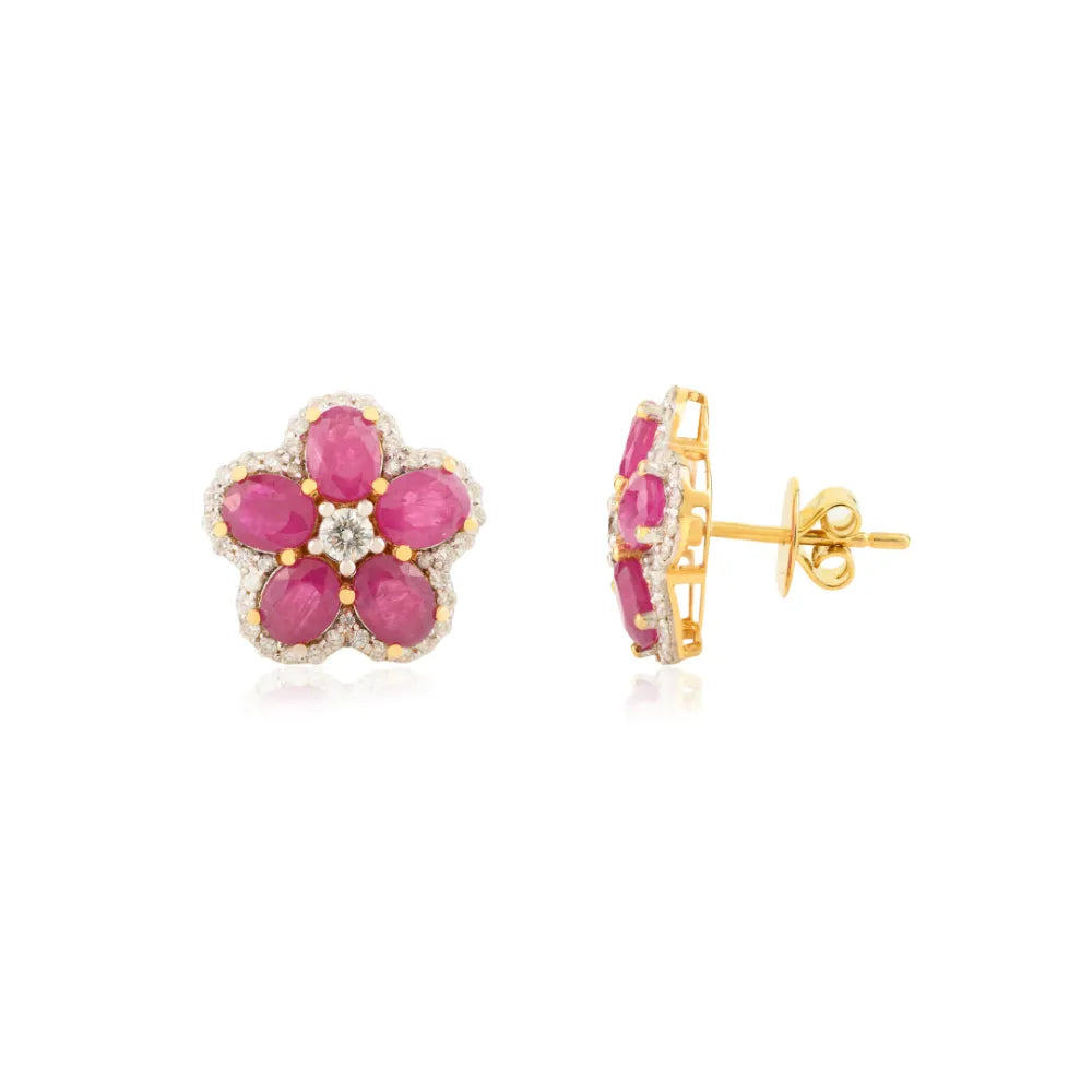 K14 Real Yellow Gold Ruby & Diamond Flower Shape Stud Earrings For Women Unique Design