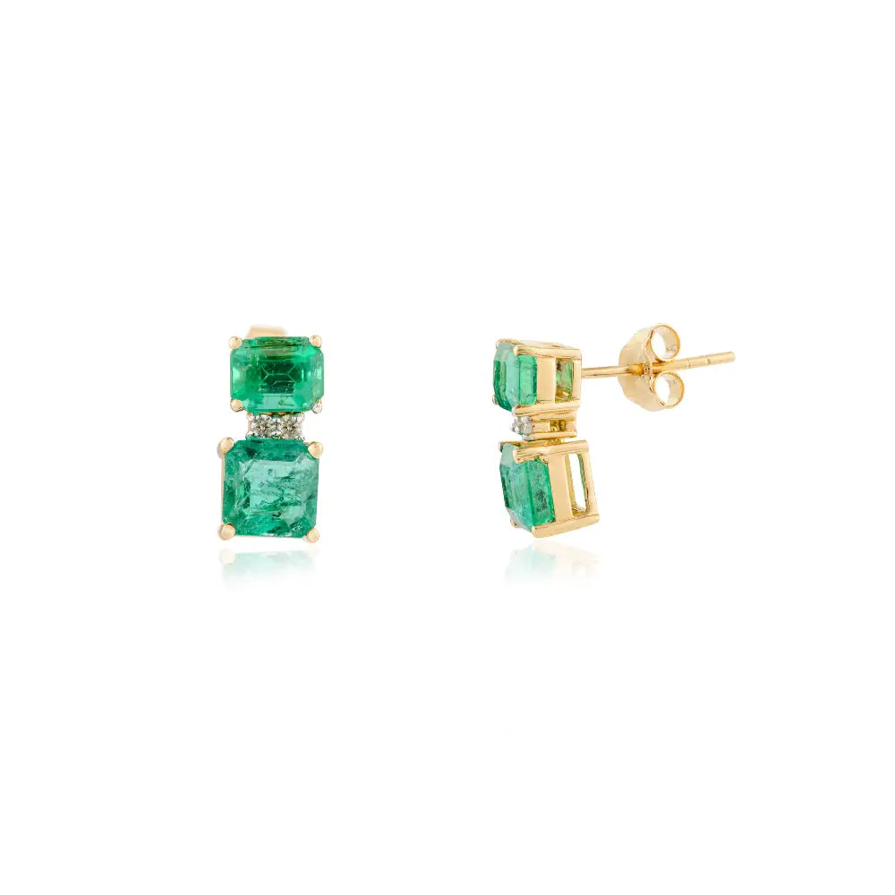 Real 18K Yellow Gold Emerald & Diamond Two Stone Stud Earrings For Women Daily Wear