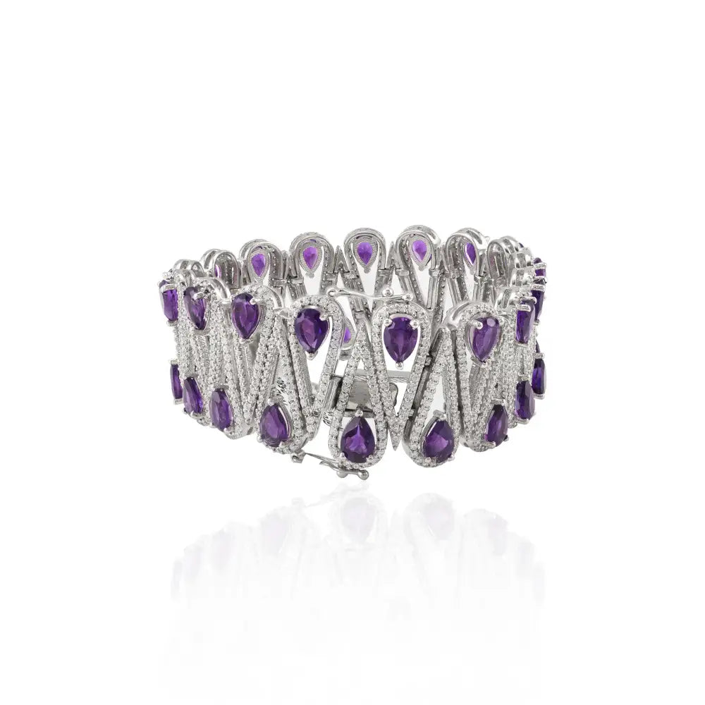 Genuine Amethyst & American Diamond Sterling Silver Bold Wedding Bracelet Febuary Birthstone Jewelry