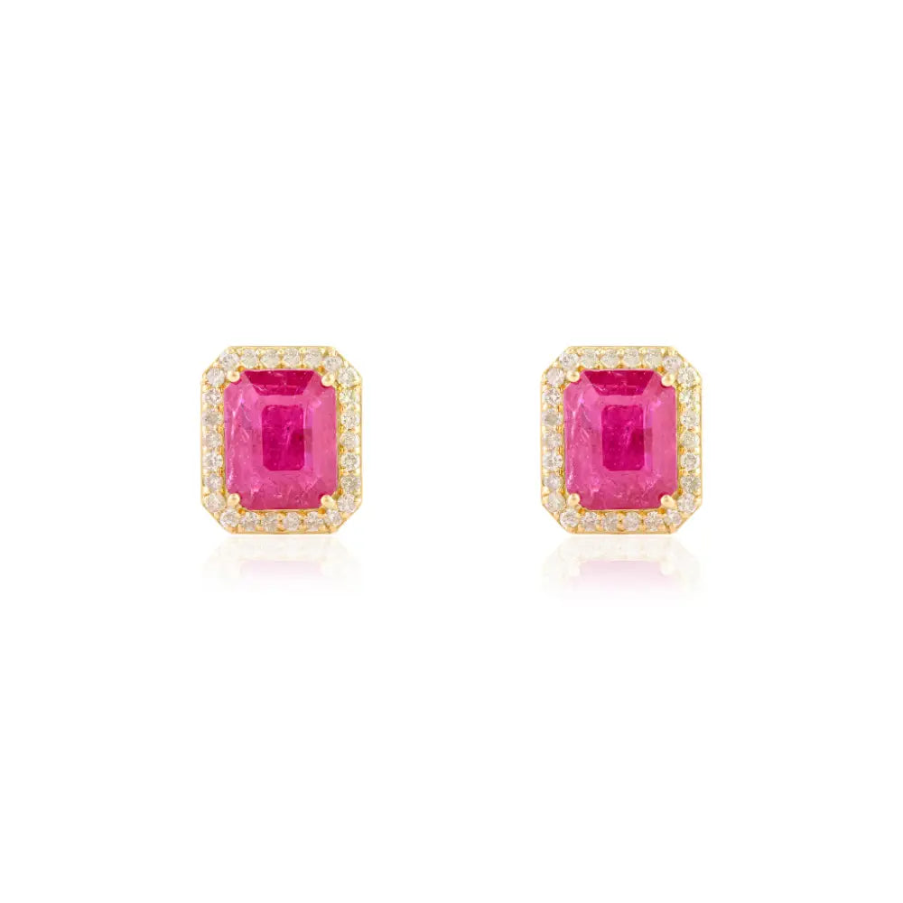 Handmade Octagon Cut Ruby & Diamond Stud Earrings in 18k Yellow Gold