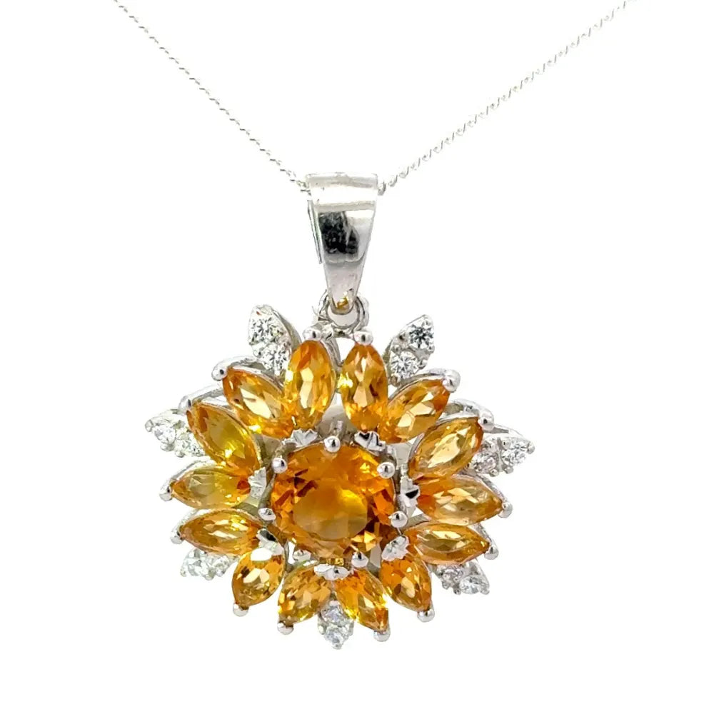November Birthstone Real Yellow Citrine & Round Cut American Diamond Flower Pendant